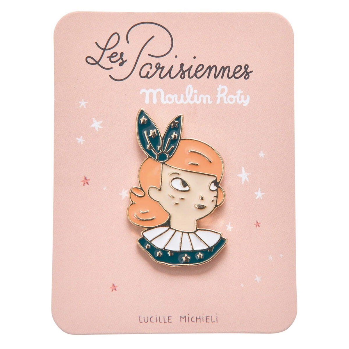 Przypinka Les Parisiennes doda  modny wygląd strojowi lub torbie. Wizerunek Constance zilustrowany przez Lucille Michieli to wymyślny dodatek zarówno dla dzieci, jak i dorosłych.