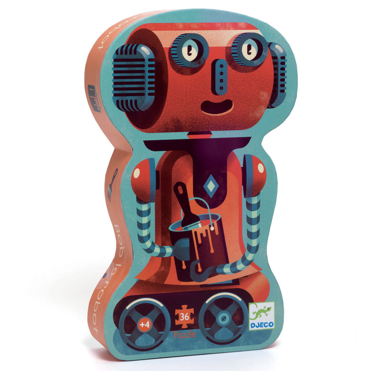 Djeco Puzzle tekturowe ROBOT BOB 36 el.  Duże puzzle tekturowe  (42x30cm) składają się z 36 elementów. Obrazek przedstawia robota BOB malarza. Elementy są zrobione z mocnego, grubego kartonu.  Fantastyczny prezent do kalendarza adwentowego, na Mikołaja czy pod choinkę.