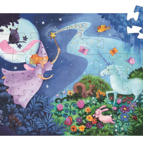 Djeco Puzzle tekturowe WRÓŻKA i JEDNOROŻEC 36 el. Puzzle z serii Bajki -WRÓŻKA i JEDNOROŻEC- 36 elementów, wykonane z grubego, lakierowanego kartonu, można układać razem z dzieckiem i opowiedzieć mu bajkę o jednorożcu. Po ułożeniu plansza o wym. 42x30 cm., opakowanie "postaciowe" w kształcie WRÓŻKI. Fantastyczny prezent do kalendarza adwentowego, na Mikołaja czy pod choinkę. 