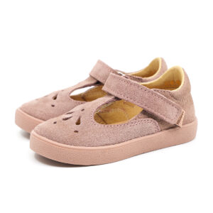 Baleriny dziecięce MRUGAŁA LUNA rosa skórzane dla dziewczynki z ozdobnym ażurowym przodem