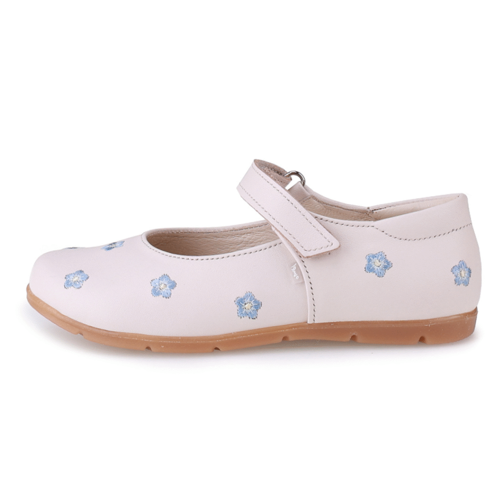 waniliowe baleriny dziecięce Emel Vienna z haftowanymi niezapominajkami