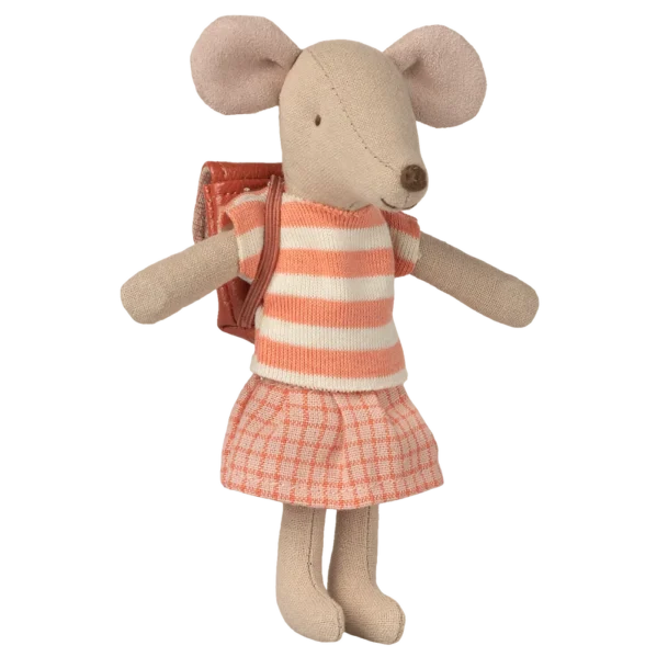 Myszka Maileg z plecakiem Big Sister Tricycle Mouse Coral 13 cm – Chwali Piętka